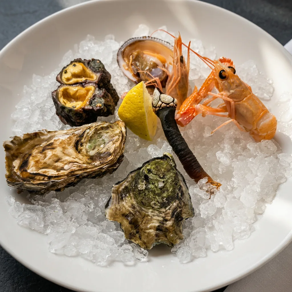 Ostriche, scampi e gambero rosso serviti sul ghiaccio