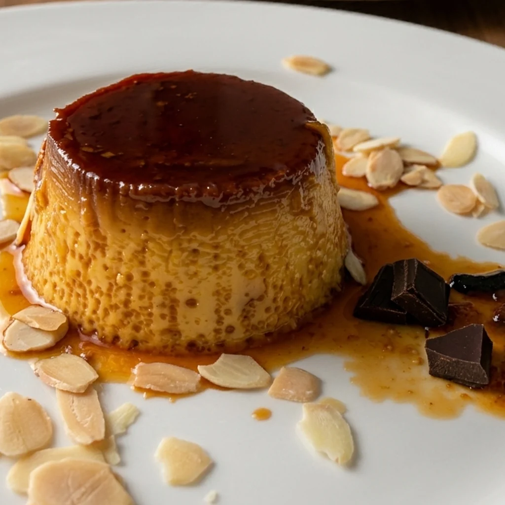 Crème caramel con mandorle tostate e cioccolato