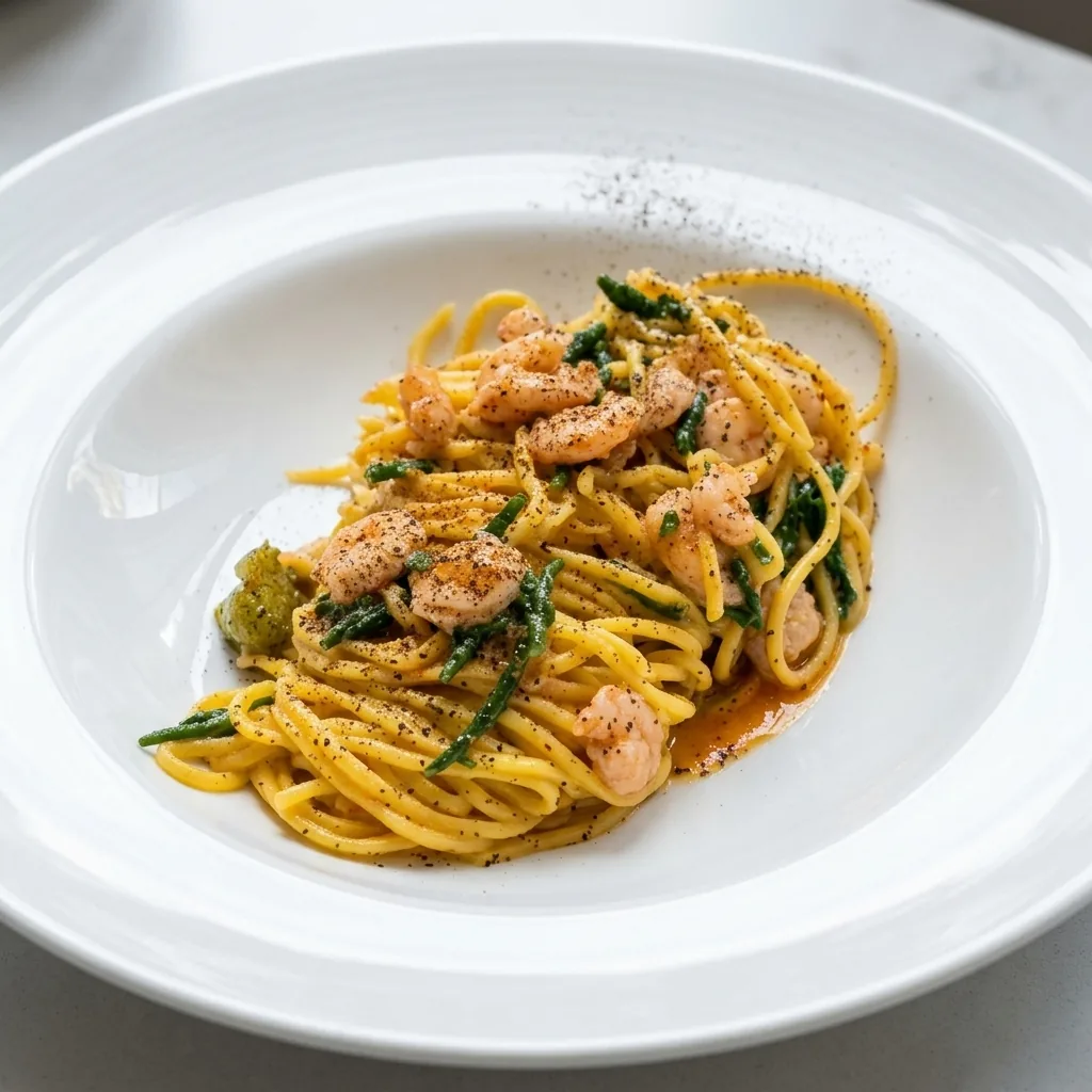 Spaghettini con gamberi e agretti